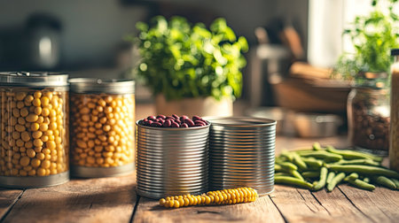 A cozy kitchen setting showcasing a variety of canned vegetables like red beans and corn, complemented by fresh herbs and natural light, inviting a healthy and vibrant cooking experience.の素材