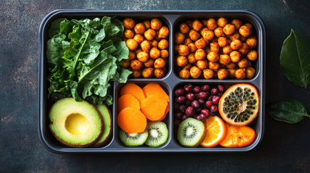 Bright and nutritious lunchbox featuring an array of fresh fruits and vegetables, perfect for meal prep or healthy eating, celebrating vibrant colors and textures.の素材