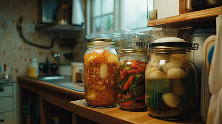 A collection of jars filled with vibrant homemade preserves and pickled vegetables, set against a charming kitchen backdrop, showcasing the art of food preservation and fresh flavors.の素材