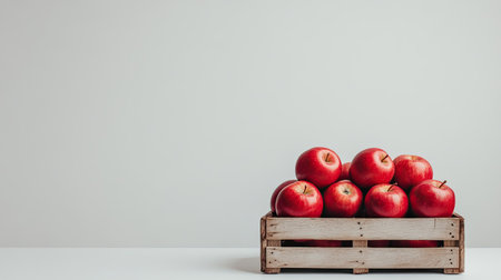 A wooden crate filled with fresh red apples rests on a minimalist surface, offering a clean and vibrant look. Perfect for food-related themes.の素材