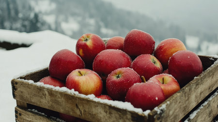 A rustic wooden crate filled with fresh red apples rests in a snowy landscape, showcasing the beauty of winter harvest and nature's bounty in a serene outdoor setting.の素材