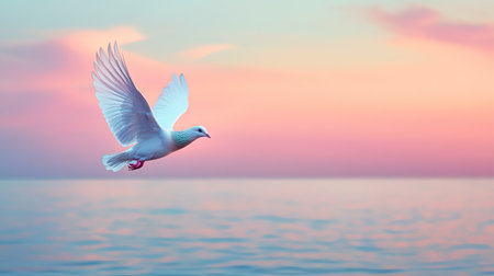 A serene white bird gracefully flies above a tranquil ocean at sunset, capturing the essence of freedom and natural beauty in a vivid pastel sky.の素材