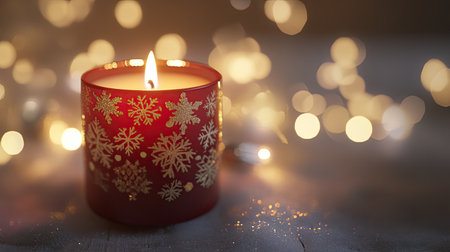 A vibrant red candle adorned with snowflake designs creates a warm, festive glow. Perfect for holiday celebrations, it enhances the cozy atmosphere of winter evenings.の素材