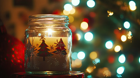 A cozy Christmas scene featuring a glass jar candle with decorative trees, emitting warm light against a vibrant, festive background of lights.の素材