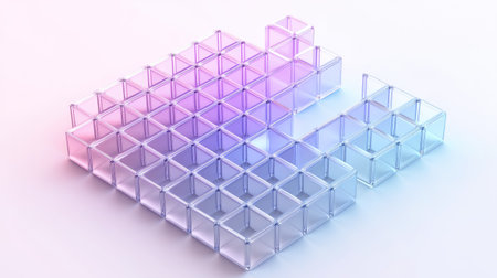 Vibrant and engaging abstract design featuring transparent cubes arranged in a geometric formation. Perfect for representing innovation and creativity.の素材