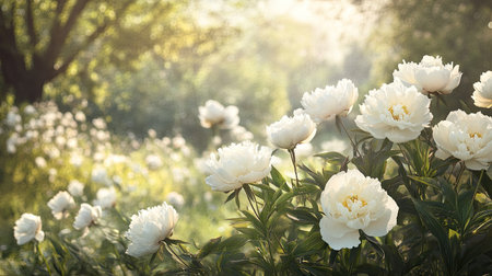 A stunning display of white peonies blooming gracefully in a tranquil garden. Sunlight filters through foliage, creating a serene and peaceful atmosphere perfect for nature lovers.の素材