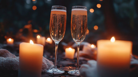 Two elegant champagne glasses filled with sparkling bubbles sit amidst glowing candles, creating a romantic and cozy atmosphere perfect for celebrations.の素材