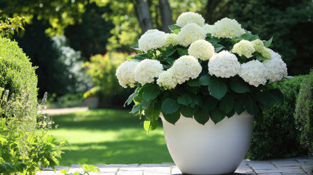 A stunning display of white hydrangea flowers in a stylish pot, set against a lush green garden. This serene outdoor scene evokes tranquility and natural beauty.の素材