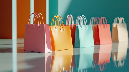 A captivating arrangement of colorful shopping bags on a glossy surface reflects vibrant colors, perfect for fashion or retail-themed projects. The modern design adds visual interest.の素材