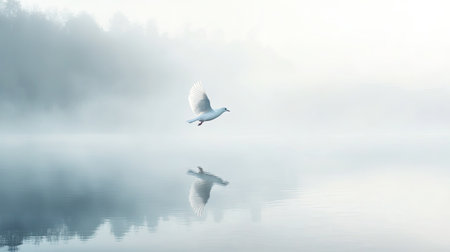 A graceful white bird soars over a mist-covered lake at dawn, reflecting on still waters. The serene atmosphere captures the beauty of nature in an enchanting scene.の素材