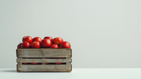 A rustic wooden crate filled with fresh red apples sits against a minimalist background, showcasing vibrant colors and natural textures, perfect for food-themed projects.の素材