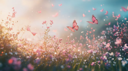 A captivating scene featuring butterflies dancing among a vibrant field of flowers. This enchanting composition evokes feelings of peace and beauty in nature.の素材