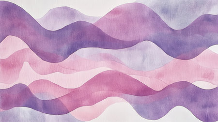 This abstract watercolor artwork features soft waves in hues of purple and pink. The fluid design creates a serene atmosphere, perfect for modern decor.の素材