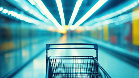 An empty shopping cart stands still in an abstract background filled with bright neon lights and blurred movement, symbolizing modern retail experiences.の素材