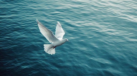 A serene white bird glides gracefully over a calm blue water surface, embodying peace and freedom in this tranquil natural scene.の素材