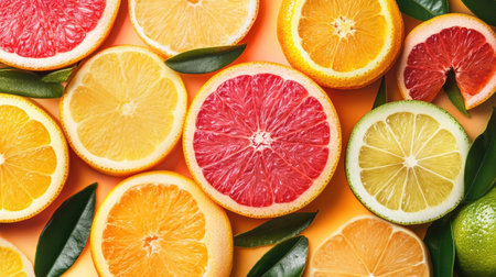 A vibrant arrangement of colorful citrus fruit slices including oranges, lemons, limes, and grapefruits set against a bright orange background. Perfect for depicting freshness and vitality.の素材