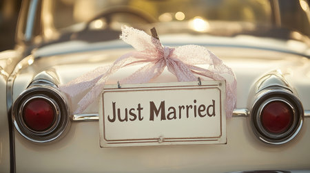A charming vintage car featuring a "Just Married" sign adorned with a delicate ribbon, perfect for capturing the joy of newlyweds on their special day.の素材