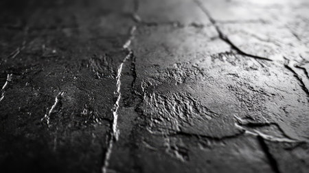 A striking dark surface featuring intricate textures and cracks captured in low light. Ideal for backgrounds in art, design, and photography projects.の素材