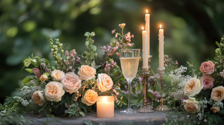 A beautiful floral arrangement with soft roses and greenery, complemented by glowing candles and a sparkling wine glass, creating a serene ambiance.の素材