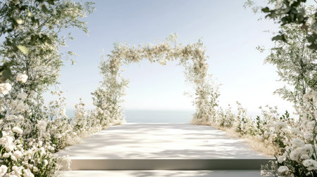 A beautifully arranged floral archway frames a stunning ocean view, creating a serene setting for a wedding or event. Bright sunlight enhances the vibrant flowers and tranquil atmosphere.の素材