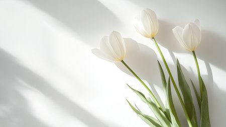 Discover the serene beauty of three elegant white tulips casting soft shadows. This minimalist arrangement on a bright background creates a tranquil atmosphere.の素材