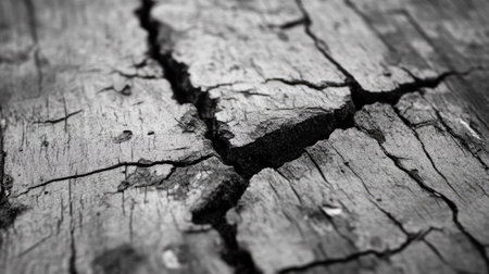 A striking close-up of a cracked wooden surface revealing intricate textures and patterns. The natural aging process highlights the beauty of decay and rustic charm.の素材
