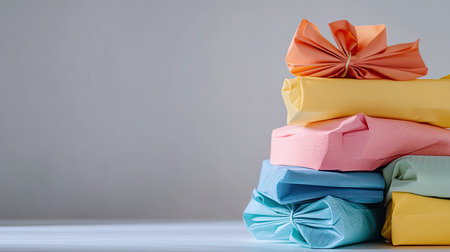 A stack of colorful wrapped gifts with various ribbons, showcasing festive colors against a light gray background, perfect for celebrations or special occasions.の素材