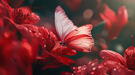 A stunning close-up of a delicate butterfly resting on vibrant red flowers. The soft morning light enhances the beauty of nature palette, showcasing the intricate details of the butterfly wings.の素材