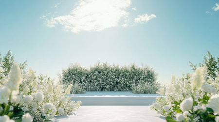 A tranquil outdoor scene featuring an arrangement of white flowers under a bright blue sky. The serene atmosphere is enhanced by soft sunlight and lush greenery surrounding the area, perfect for evoking feelings of peace and beauty.の素材