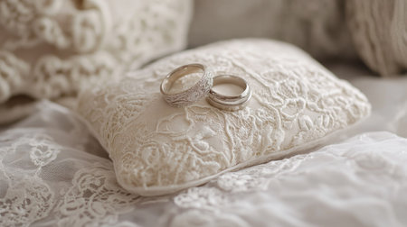 Captivating image of two wedding rings resting on a delicate lace pillow. The soft background enhances the beauty and elegance of this timeless symbol of love and commitment.の素材