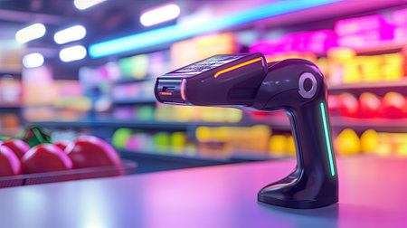 A sleek handheld barcode scanner sits on a counter in a vibrant grocery store, surrounded by colorful produce and modern technology, showcasing an efficient shopping experience.の素材
