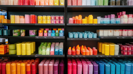 A vibrant display of colorful craft supplies arranged neatly on shelves, showcasing an inspiring collection of jars, boxes, and decorative materials for creative projects.の素材