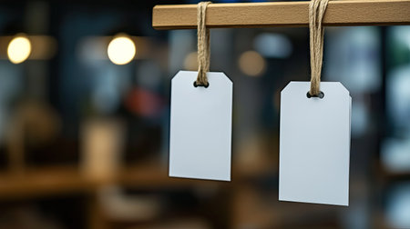 Two blank tags hang from a wooden hanger, surrounded by a softly blurred background. Ideal for displaying messages, prices, or crafts with a minimalistic design touch.の素材
