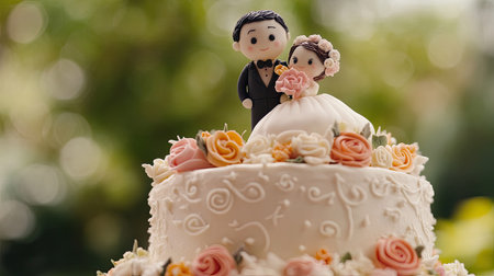 This delightful wedding cake features adorable figurines of a bride and groom atop a beautifully decorated white cake adorned with flowers. Perfect for celebration.の素材