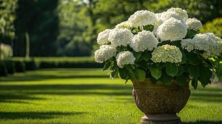 This image features a lush garden with a pot containing vibrant white hydrangeas, showcasing nature's beauty against a serene green background, perfect for landscaping inspiration.の素材
