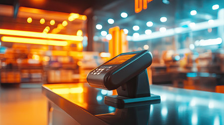 A sleek payment terminal sits on a modern retail counter, with a vibrant and blurred background showcasing the shopping environment and bright lighting.の素材