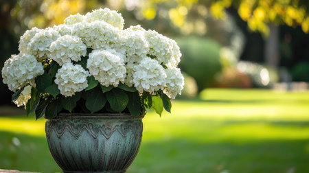 Beautiful white hydrangea flowers arranged in an elegant outdoor planter, creating a tranquil garden scene with vibrant greenery under soft sunlight.の素材