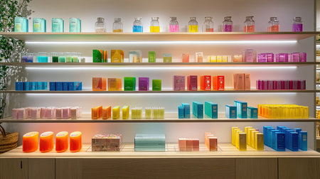 A vibrant and colorful display features various bottles and boxes arranged neatly on modern shelves, highlighting an attractive interior design suitable for retail or beauty spaces.の素材