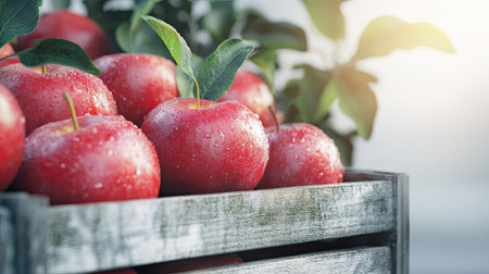 A close-up view of fresh red apples with water droplets, arranged in a rustic wooden crate. Set against a blurred background, this image evokes a sense of harvest and natural abundance.の素材