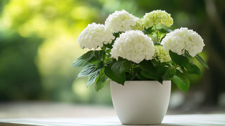 Beautiful white hydrangea flowers arranged in a modern pot, set against a soft green backdrop, creating a serene and elegant atmosphere perfect for home decor.の素材