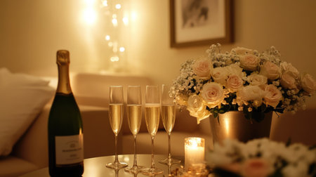 This enchanting scene features champagne flutes, a bouquet of roses, soft lighting, and a candle, creating a perfect atmosphere for a romantic celebration or special event.の素材