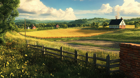 A tranquil rural landscape featuring expansive green fields, a charming house, and distant hills under a vibrant sky filled with fluffy clouds.の素材
