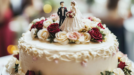 A beautiful wedding cake adorned with roses and a couple topper, perfect for celebrating love. This elegant dessert adds charm to any wedding reception.の素材