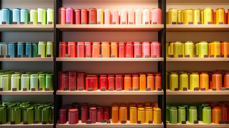 A vibrant display of colorful cans organized neatly on shelves creates a visually appealing shopping experience in a modern retail environment.の素材