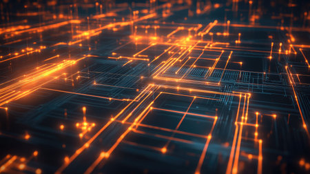 This captivating image showcases a futuristic digital circuitry with glowing orange lines. The intricate design emphasizes connection and energy, ideal for technology themes.の素材
