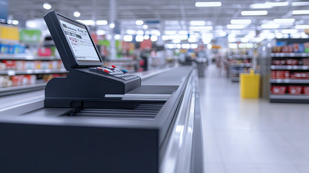 A modern self-service checkout terminal is positioned in a well-lit supermarket aisle, showcasing efficient retail technology designed to enhance customer experience and streamline shopping.の素材