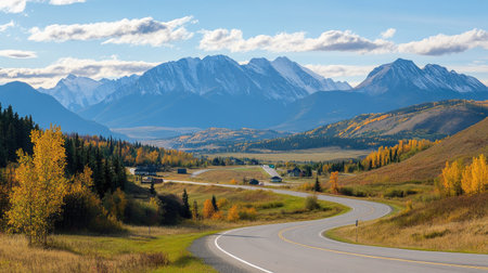 A captivating view of a winding road leading through vibrant autumn foliage and majestic mountains, offering a serene and picturesque landscape ideal for travel enthusiasts.の素材