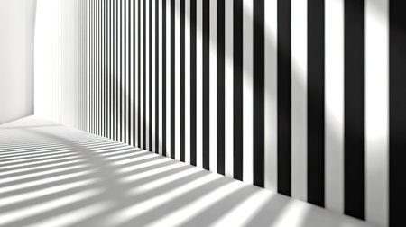 This abstract image features black and white stripes casting intriguing shadows in a minimalist interior space, showcasing a modern design aesthetic.の素材