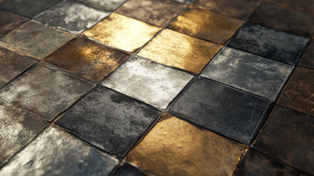 This image features a metallic tile surface showcasing a blend of gold and silver tiles, creating a striking visual texture suitable for modern decor and design projects.の素材