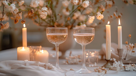 A beautifully styled table featuring two champagne glasses, glowing candles, and delicate flowers, creating a warm and romantic atmosphere for celebrations.の素材